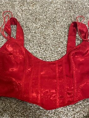For Love & Lemons Red Satin Floral Bustier Top
